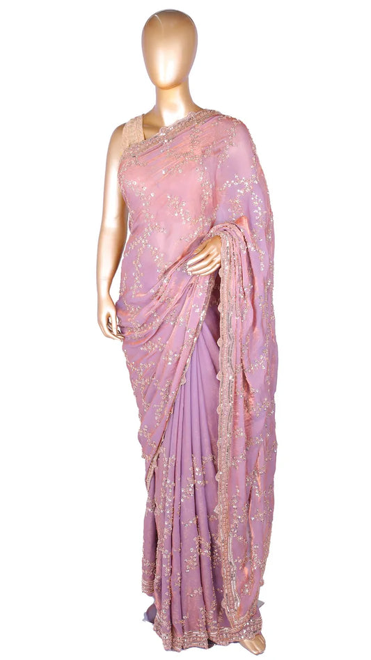 Lavender Beads Work Soft Fendi Fabric Saree