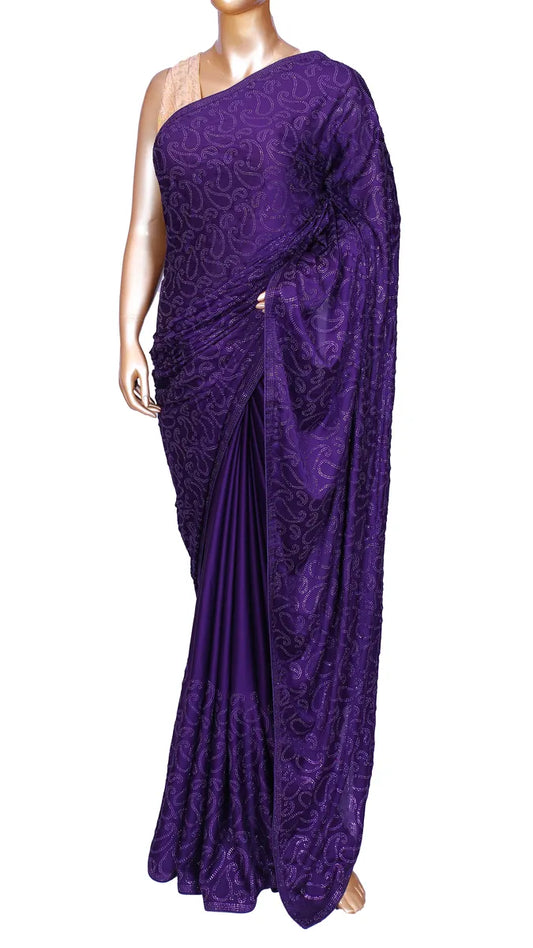 Purple satin saree with machine-pressed Swarovski crystal work