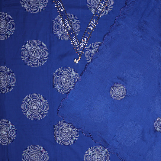 Deep blue cotton unstitched suit with all-over print and light beads work on V-neckline
