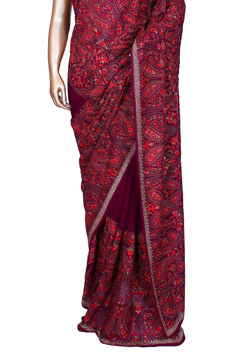 Wine Kashimiri Embroidery Saree