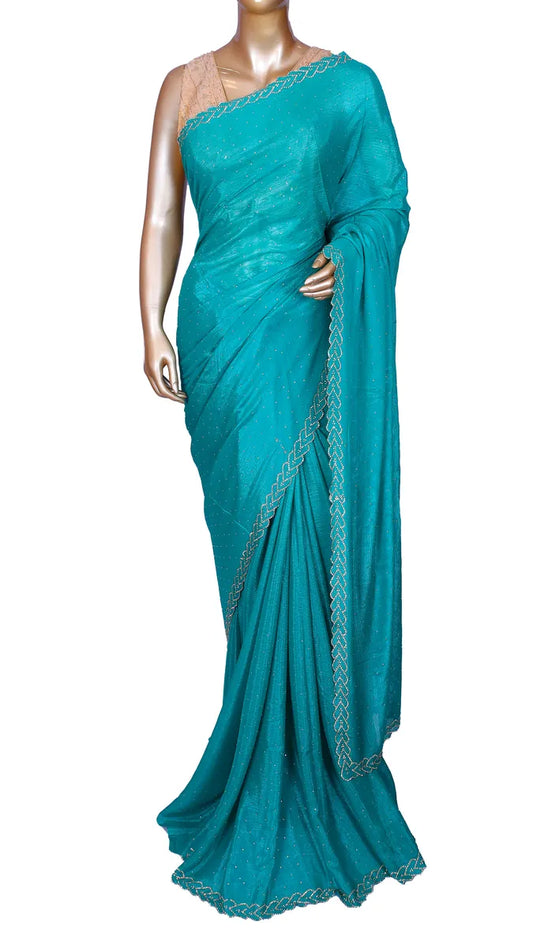 Rama green crepe chiffon party wear saree with Swarovski hearts border