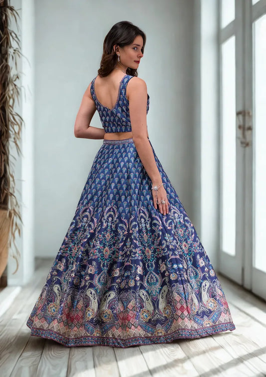 Blue Printed Lehenga with Sworoski highlights