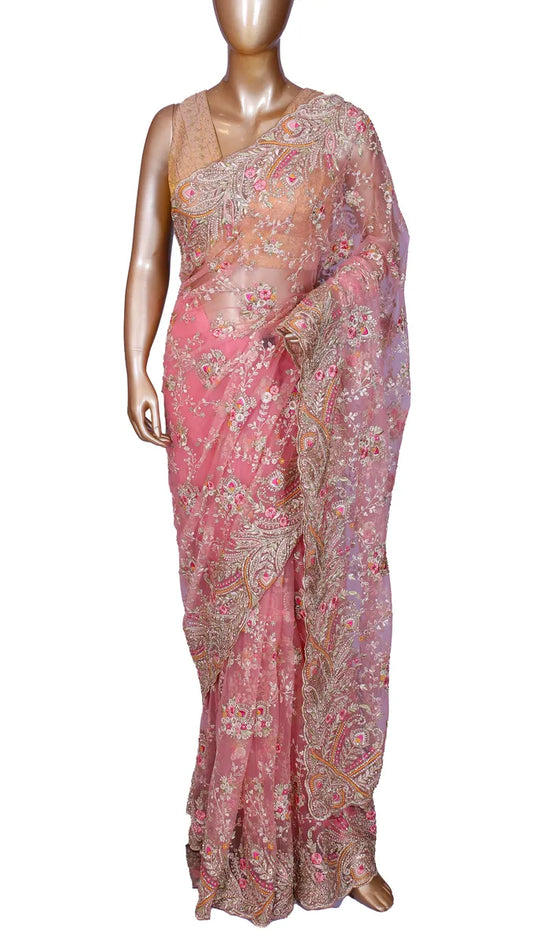 Pink Kashmiri Resham Net Saree with Stone highlights