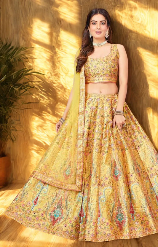 Yellow Printed Lehenga with Sworoski highlights