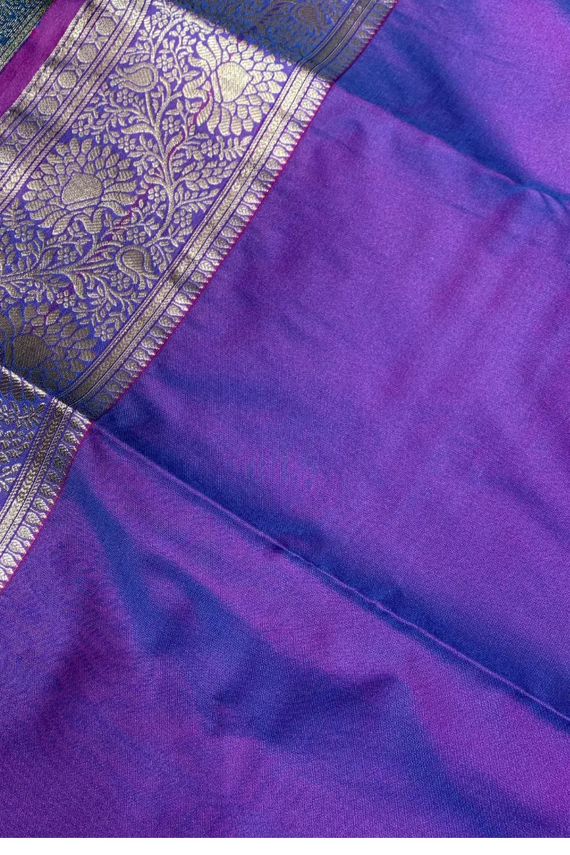 Teal Blue Bangalore Silk Saree with Purple Contrast Border & Gold Zari Weaving | Liberty Silks