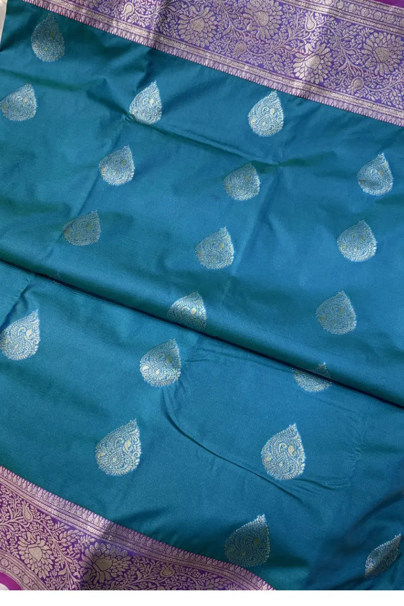 Teal Blue Bangalore Silk Saree with Purple Contrast Border & Gold Zari Weaving | Liberty Silks