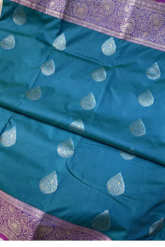 Teal Blue Bangalore Silk Saree with Purple Contrast Border & Gold Zari Weaving | Liberty Silks