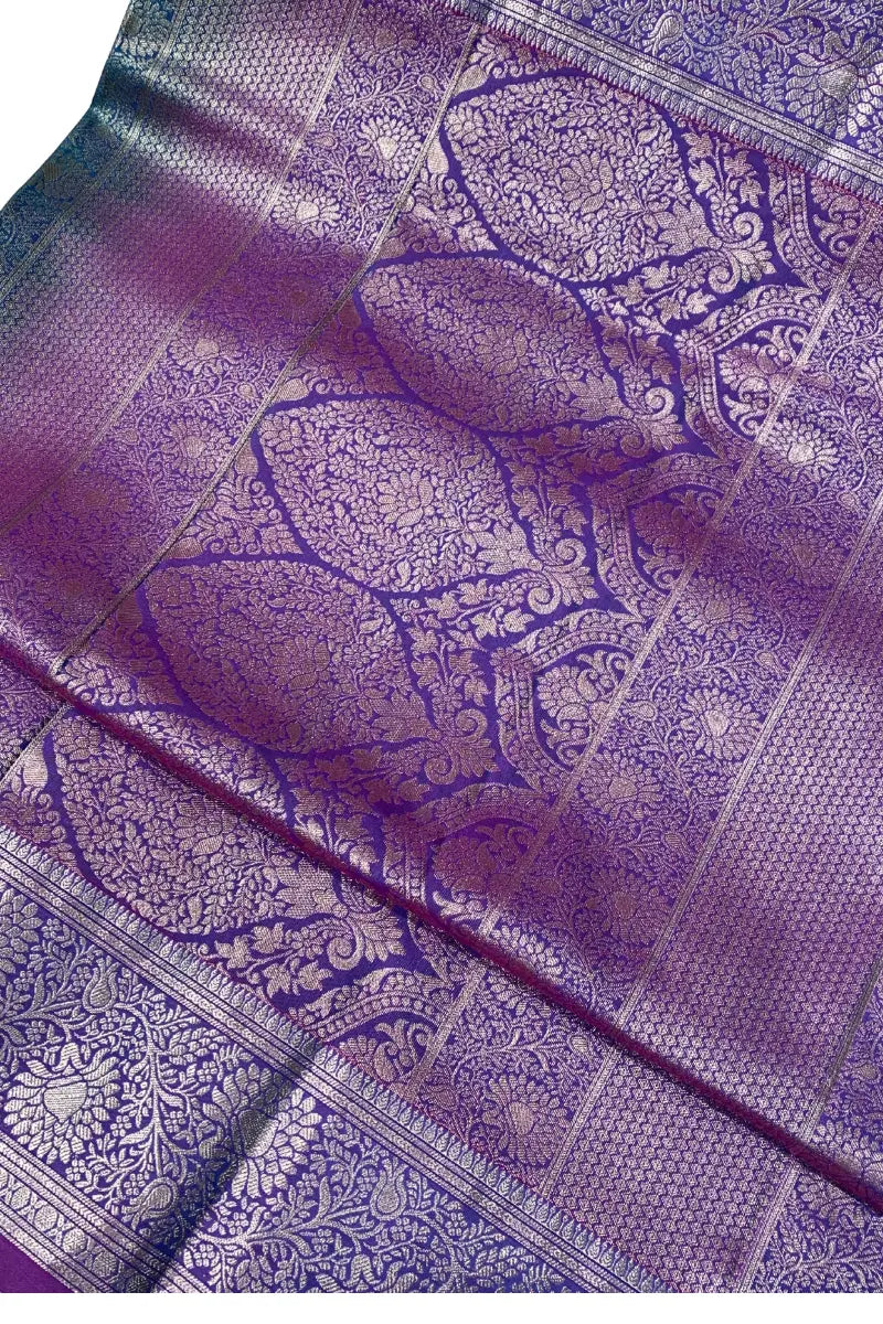 Teal Blue Bangalore Silk Saree with Purple Contrast Border & Gold Zari Weaving | Liberty Silks