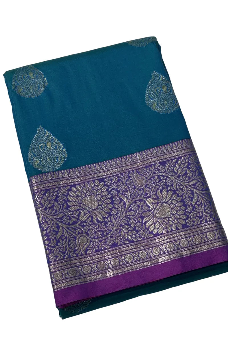 Teal Blue Bangalore Silk Saree with Purple Contrast Border & Gold Zari Weaving | Liberty Silks