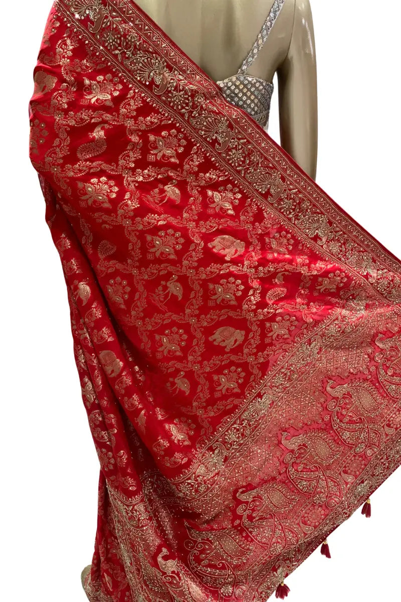 Luxury Red Banarasi Silk Bridal Saree with Hand Embroidery, Peacock Border & Gold Zari Weaving