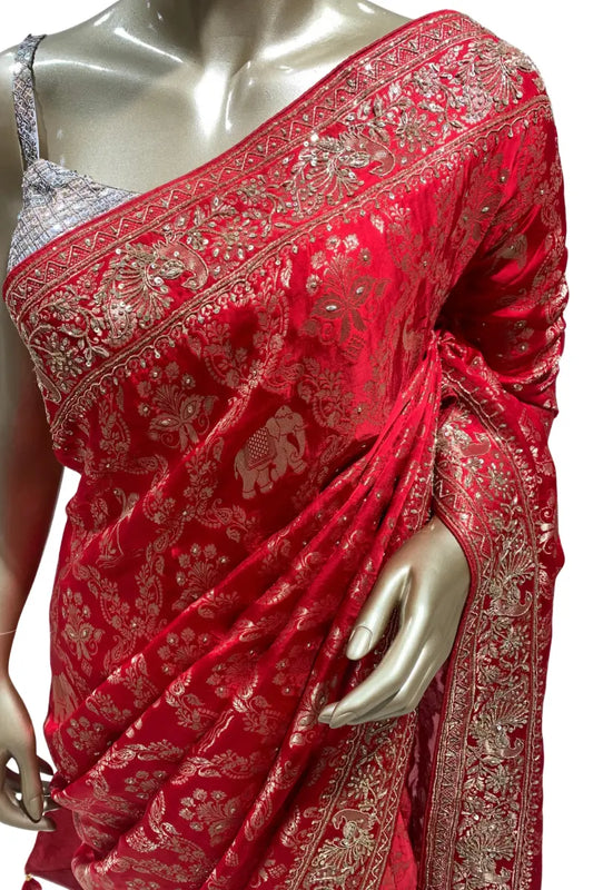 Luxury Red Banarasi Silk Bridal Saree with Hand Embroidery, Peacock Border & Gold Zari Weaving