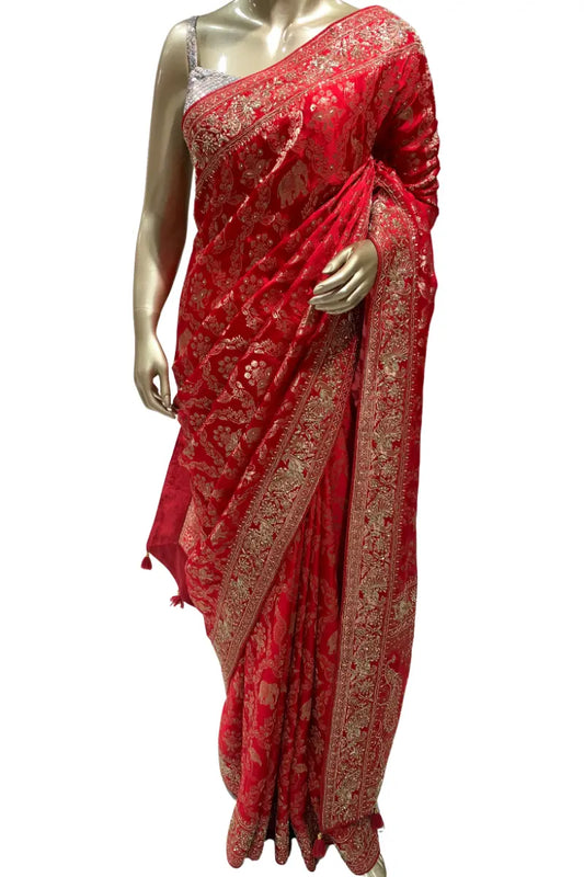 Luxury Red Banarasi Silk Bridal Saree with Hand Embroidery, Peacock Border & Gold Zari Weaving
