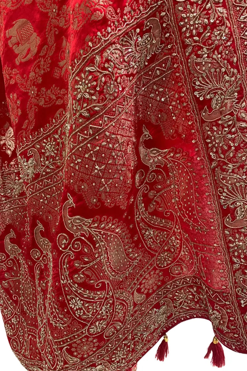 Luxury Red Banarasi Silk Bridal Saree with Hand Embroidery, Peacock Border & Gold Zari Weaving