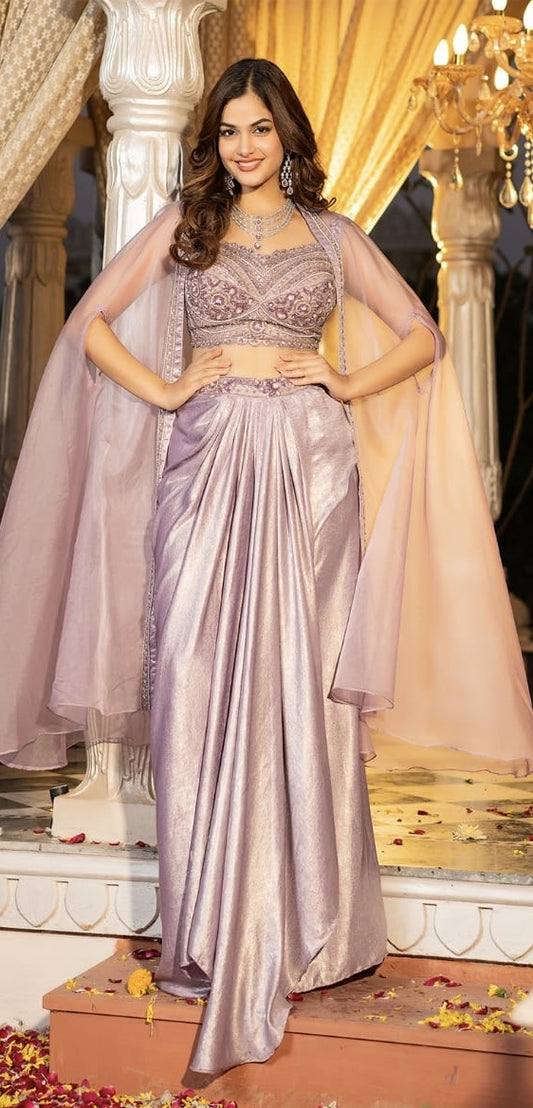 Hand Embellised Crop Top, Pleated Skirt with Jacket