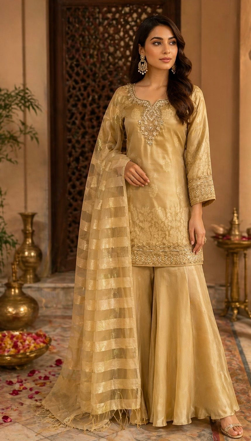 Golden Tissue Silk Kurta Palazzo Set with Embroidered Neck & Tissue Dupatta