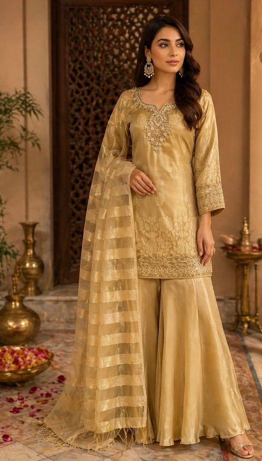 Golden Tissue Silk Kurta Palazzo Set with Embroidered Neck & Tissue Dupatta