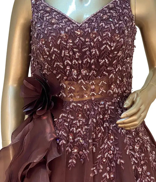 COPPER WINE A-LINE NET GOWN WITH BEADS WORK AND CRYSTAL EMBELLISHMENT