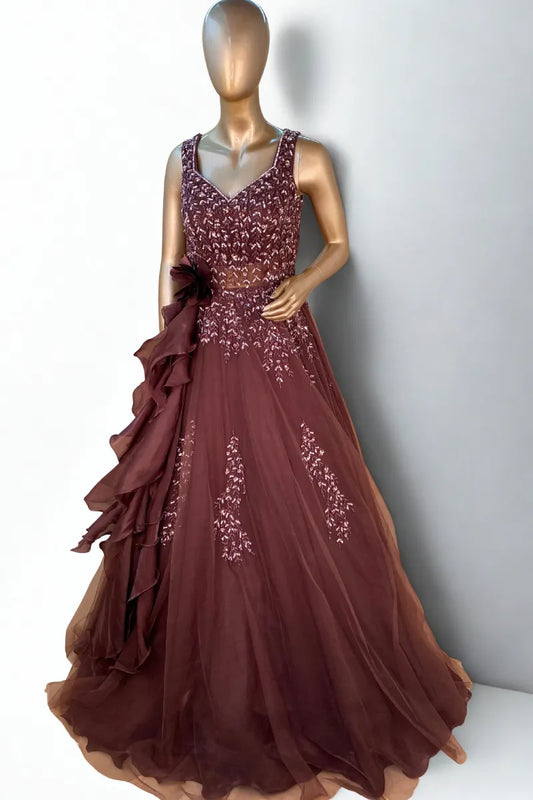 COPPER WINE A-LINE NET GOWN WITH BEADS WORK AND CRYSTAL EMBELLISHMENT