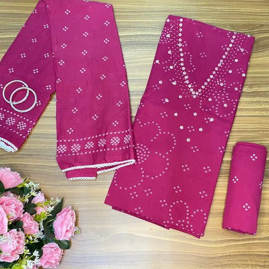 Magenta pink unstitched muslin cotton suit with Bandhani print and pearl work on neckline