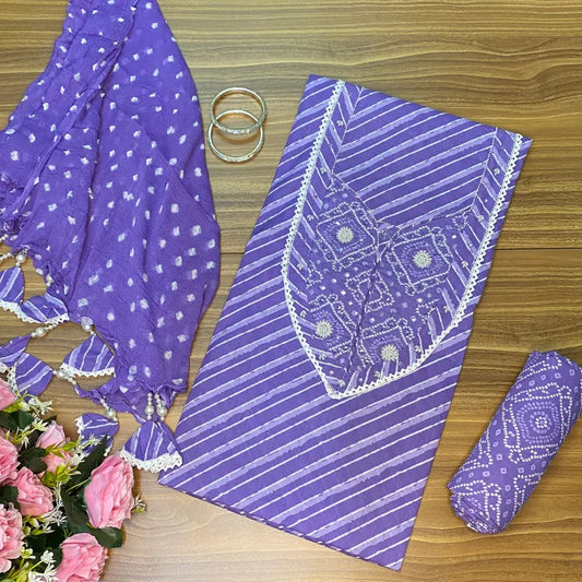 Lavender cotton unstitched suit with leheriya print and beads work on neckline