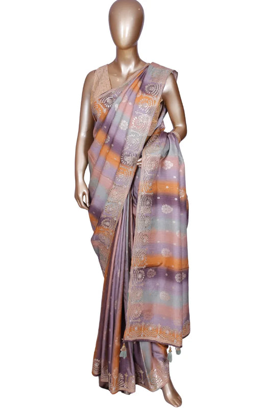 Soft silk lavender multi-stripe saree with Banarasi buta and gota work border