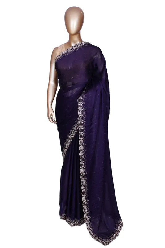 Soft crepe dark purple saree with Swarovski crystal scallop border