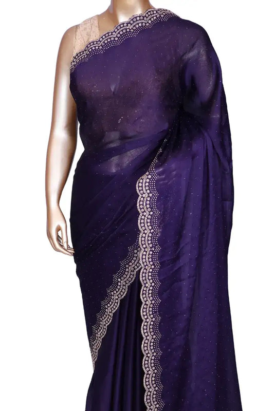 Soft crepe dark purple saree with Swarovski crystal scallop border