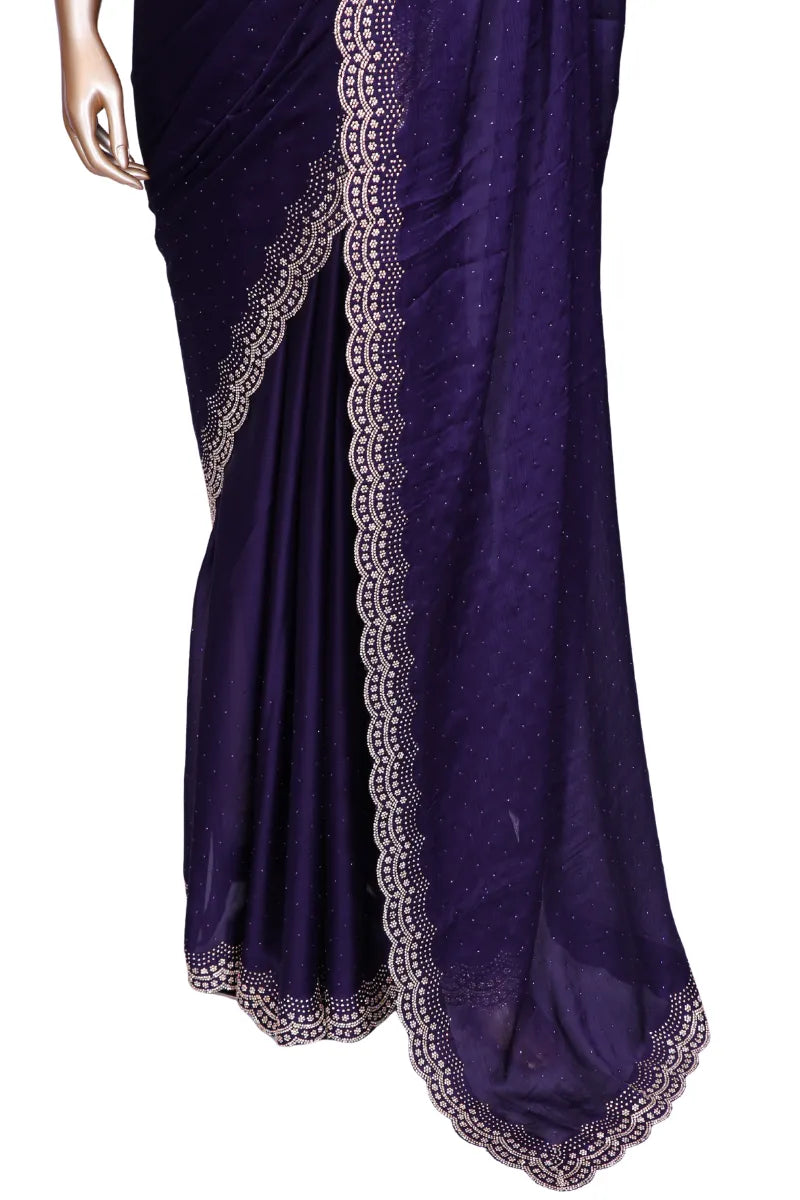 Soft crepe dark purple saree with Swarovski crystal scallop border