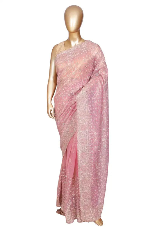 Soft tissue pink saree with zari embroidery and crystal work