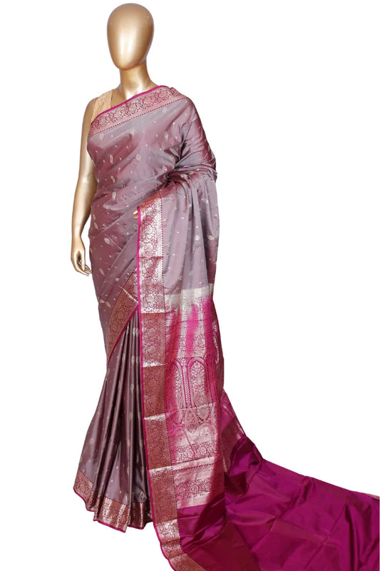 Grey handloom silk saree with magenta contrast blouse