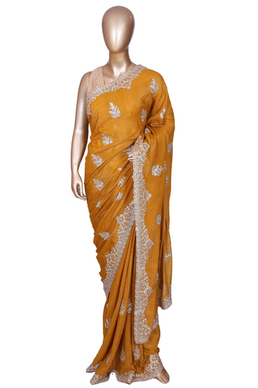 Mustard metallic chiffon saree with pita zari embroidery