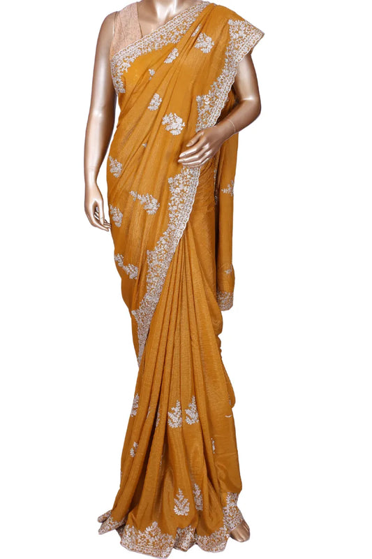 Mustard metallic chiffon saree with pita zari embroidery