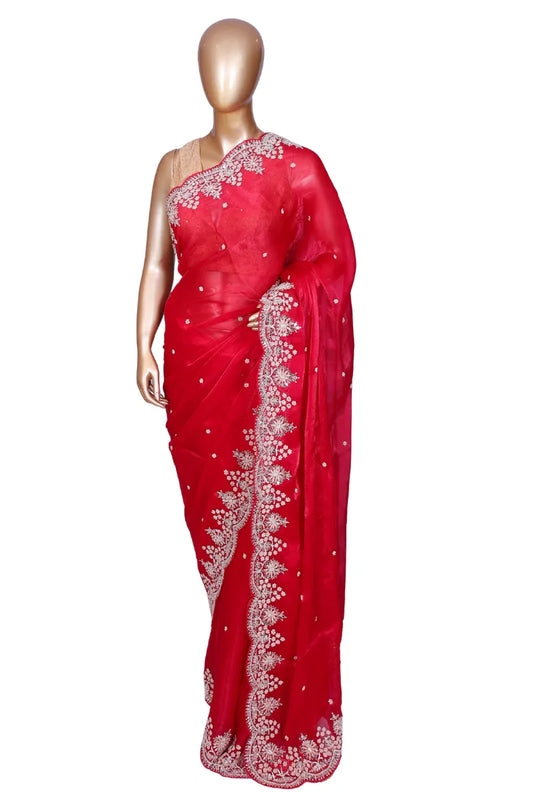 Rani pink designer soft organza saree with pearl, mirror, and zardozi handwork