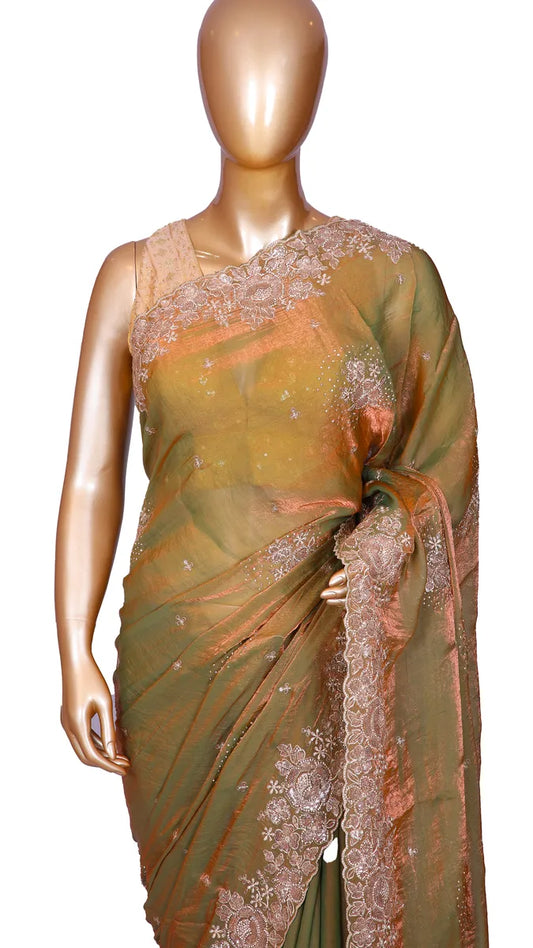 Light Olive Green Designer Embroidery Saree