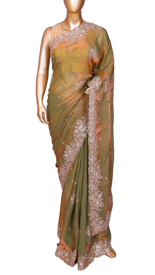 Light Olive Green Designer Embroidery Saree