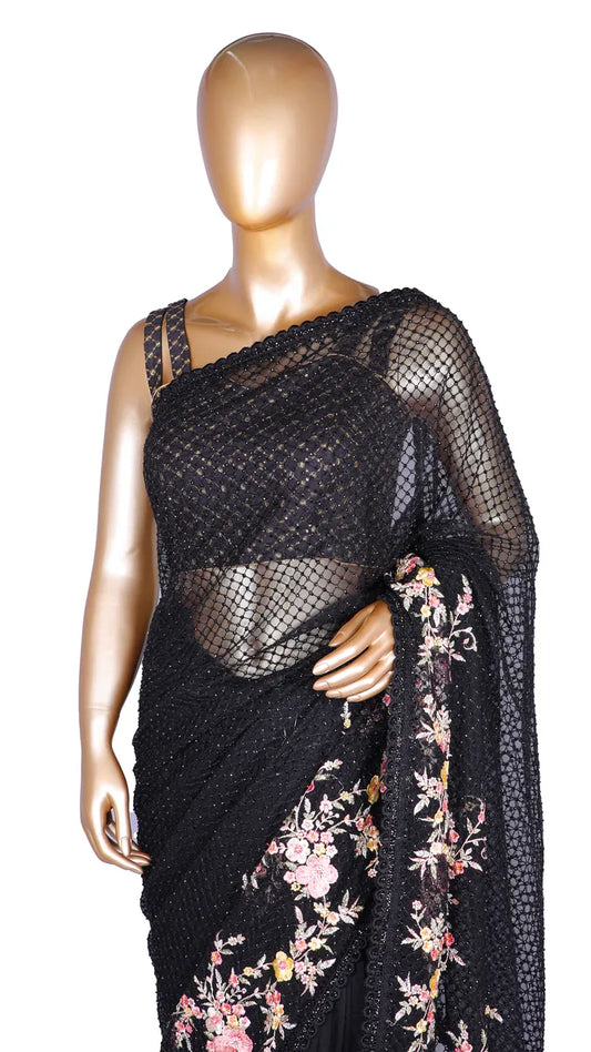 Black Kashmiri Resham Designer Net Saree