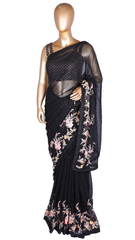 Black Kashmiri Resham Designer Net Saree