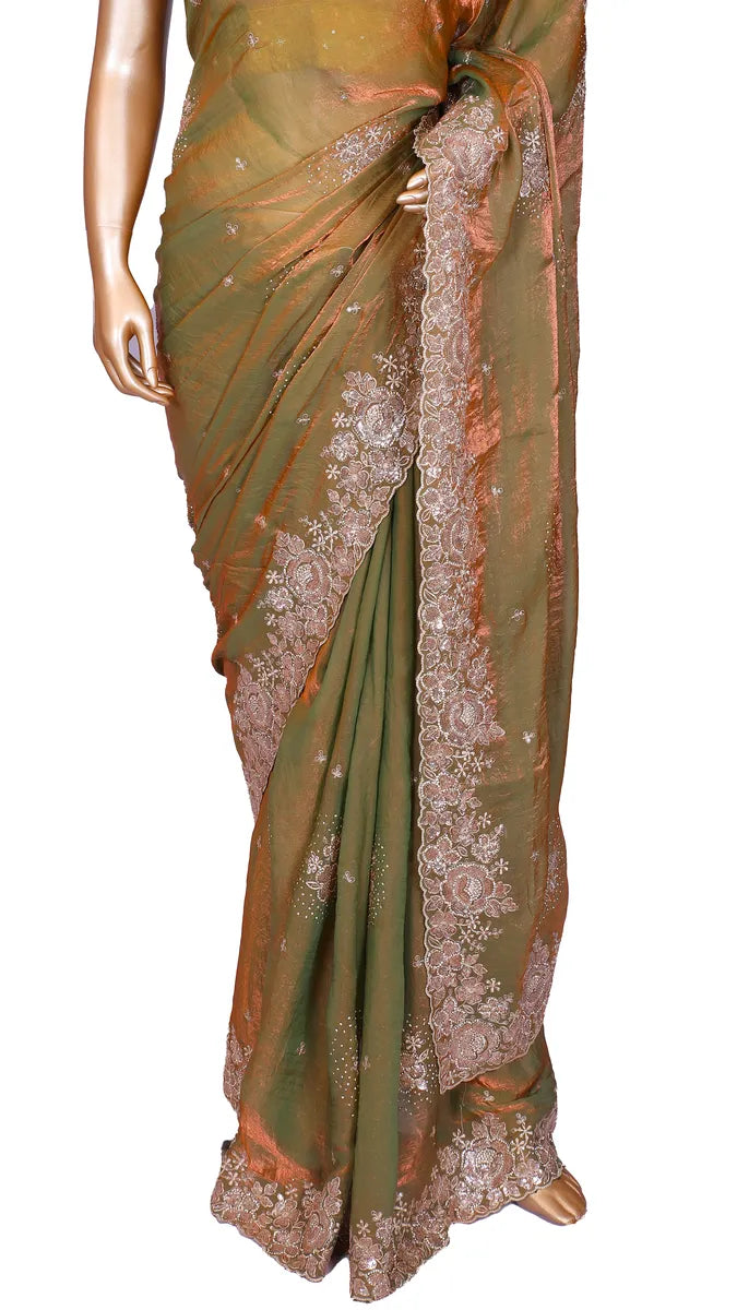 Light Olive Green Designer Embroidery Saree